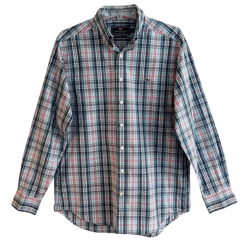 Vineyard Vines Slim Fit Whale Shirt Blue Pink Plaid Cotton M Epc